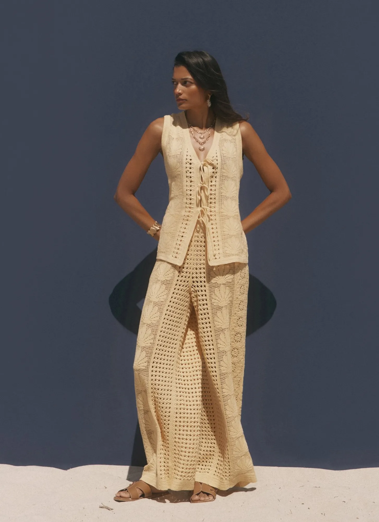 Yellow Crochet Shell Tie Front Top