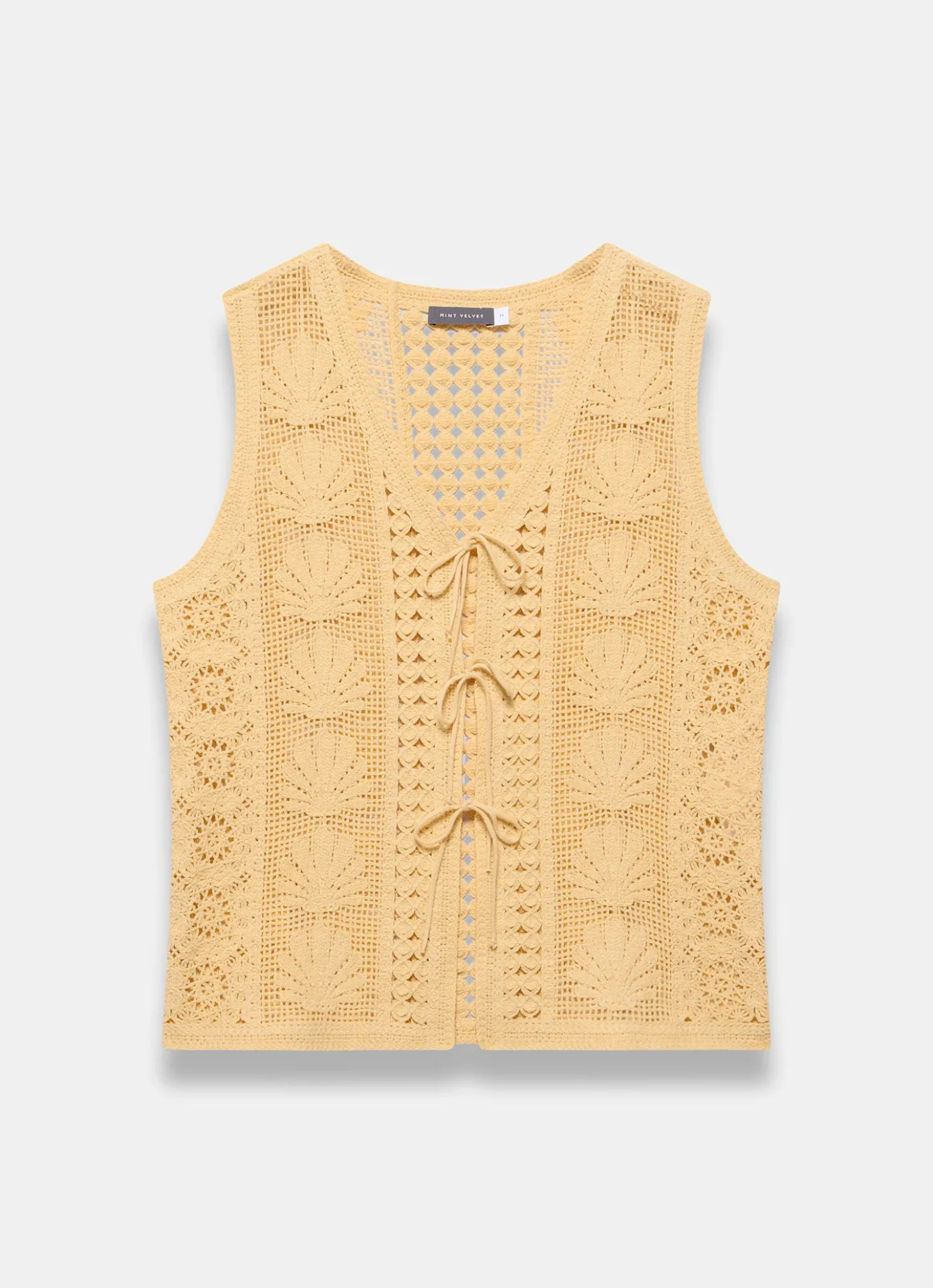 Yellow Crochet Shell Tie Front Top