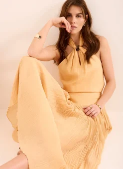 Yellow Drop Waist Crinkle Midi Skirt