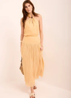 Yellow Drop Waist Crinkle Midi Skirt
