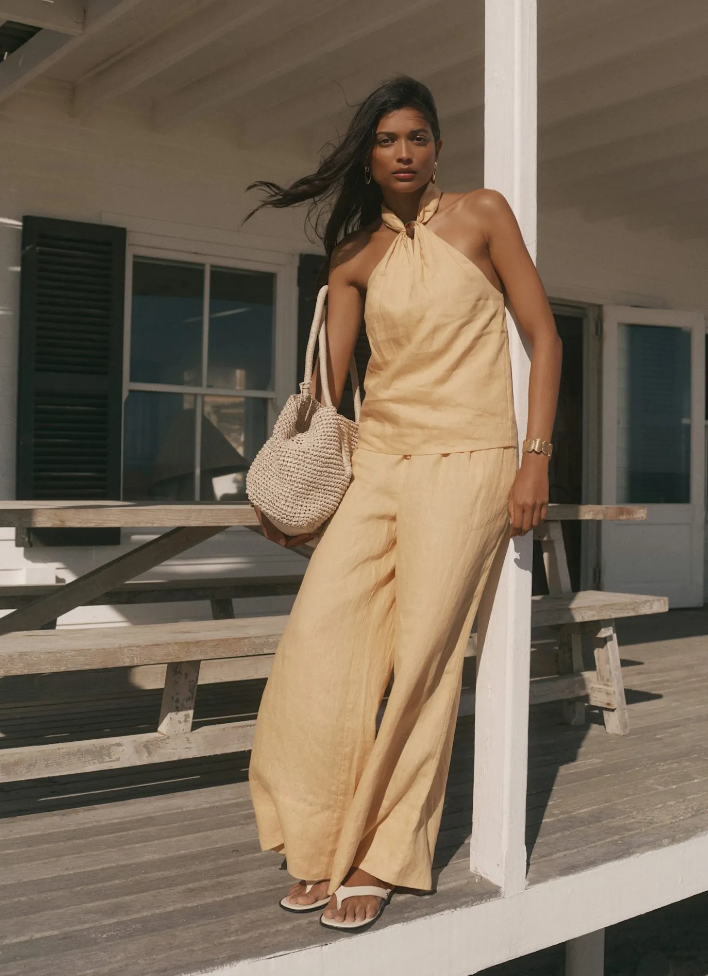 Yellow Linen Drawstring Wide Leg Trousers