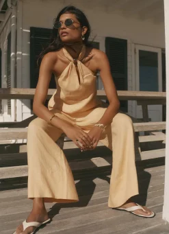 Yellow Linen Drawstring Wide Leg Trousers