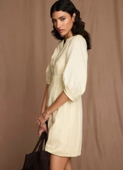 Yellow Linen Puff Sleeve Mini Dress
