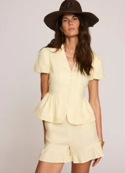 Yellow Linen Ruffle Trim Shorts