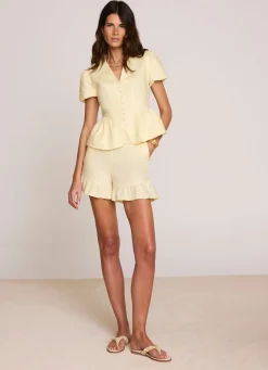 Yellow Linen Ruffle Trim Shorts