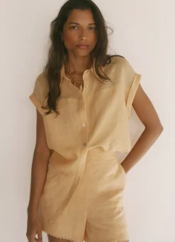 Yellow Linen Scallop Hem Shorts