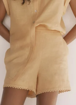 Yellow Linen Scallop Hem Shorts