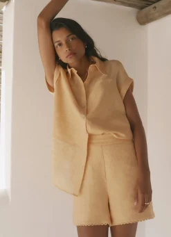 Yellow Linen Scallop Hem Shorts