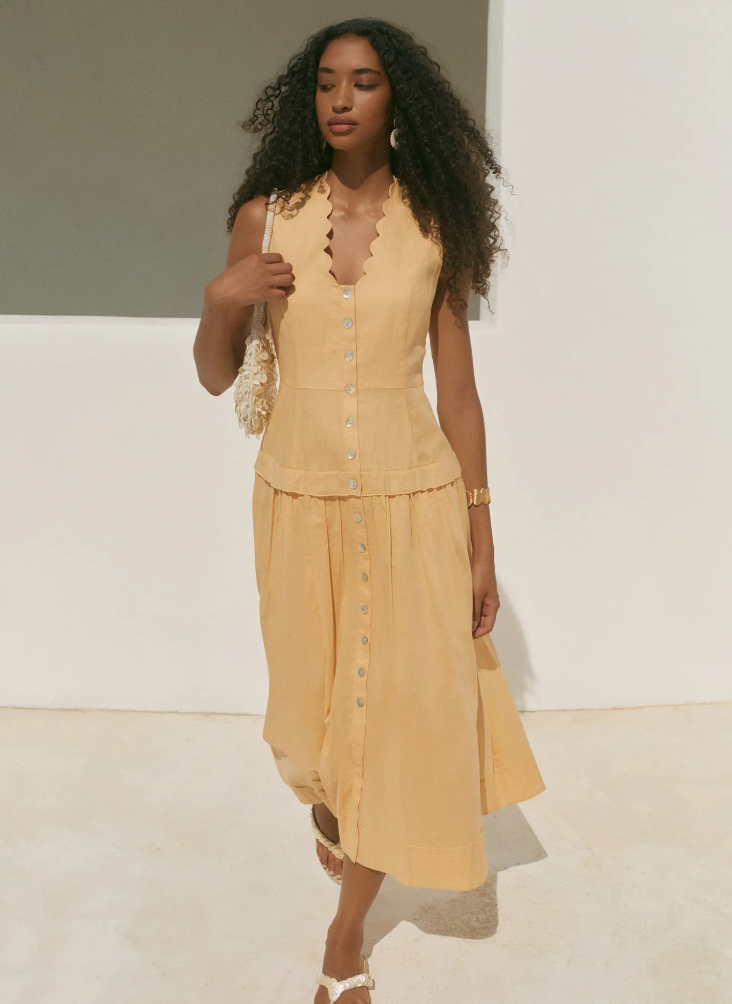 Yellow Ramie Drop Waist Midi Dress