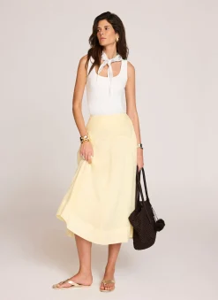 Yellow Ramie Drop Waist Midi Skirt